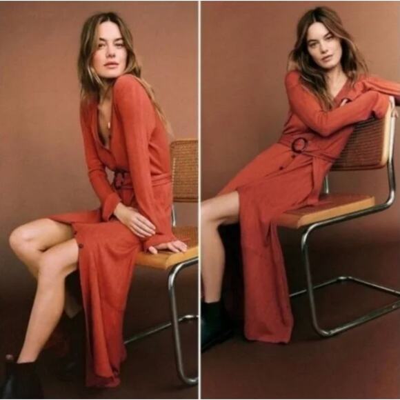 ANTHROPOLOGIE Elsa Rib Button Front Belt Maxi Sweater Dress Orange Sz XS {2C48} - Picture 1 of 8